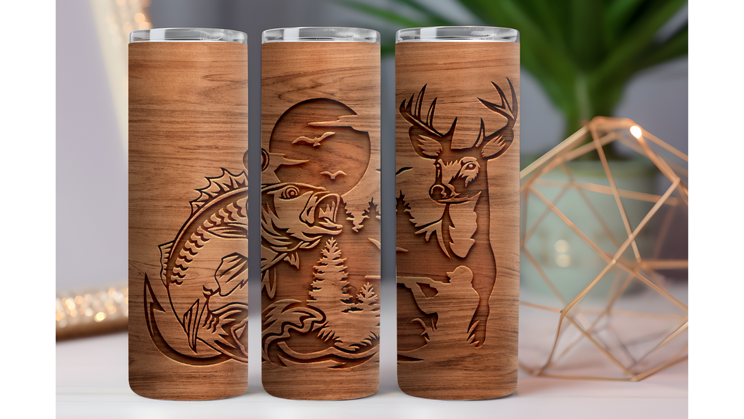 Wood Grain Fish and Deer 20 oz. Drink Skinny Tumbler