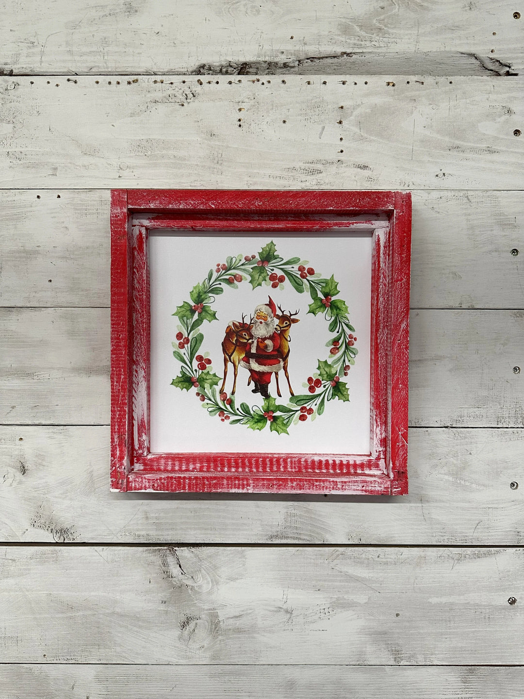 Vintage Santa and Reindeer with Wreath Canvas Print