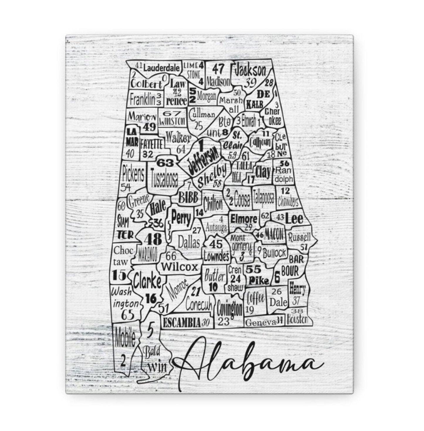 Alabama County License Plate Map Wrapped Canvas