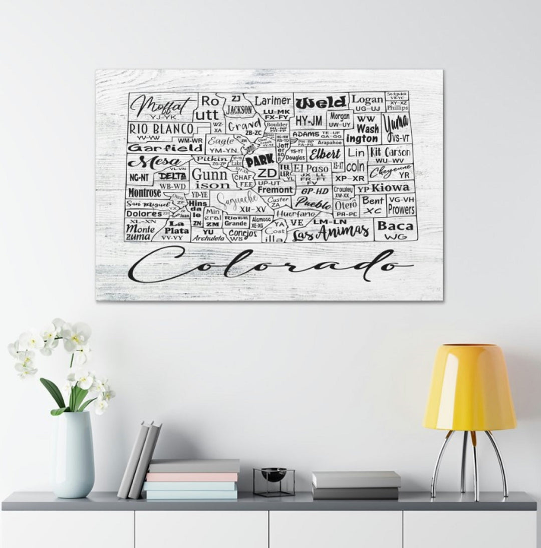 Colorado County License Plate Map Wrapped Canvas