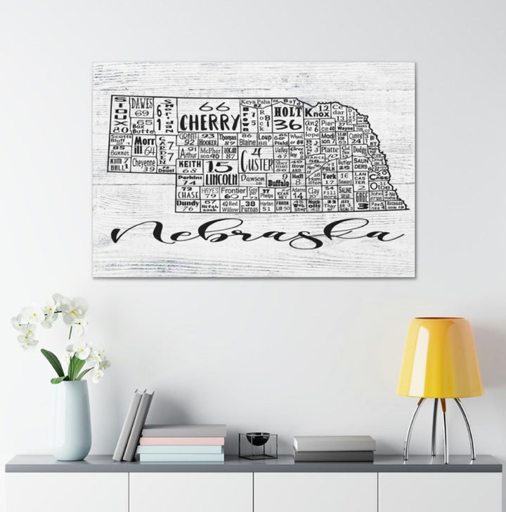 Nebraska County License Plate Map Wrapped Canvas