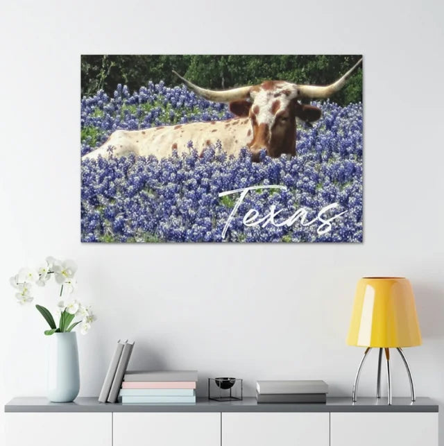 Texas Longhorn Bluebell Flowers Field Wrapped Canvas