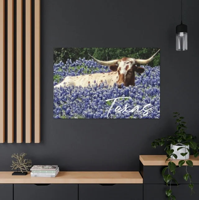 Texas Longhorn Bluebell Flowers Field Wrapped Canvas