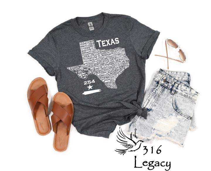 Texas County Map (254 Counties in Texas) Cannon T-shirt