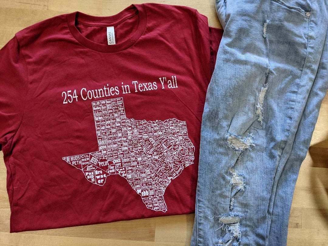 Texas County Map 254 Counties T-shirt